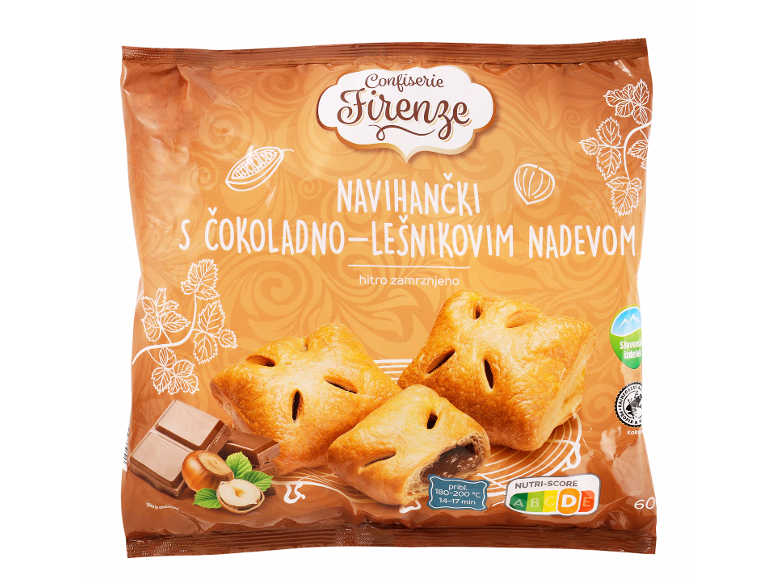 Paket zamrznjenih zavitkov s čokoladno-lešnikovim nadevom, z navodili za peko in Nutri-Score.