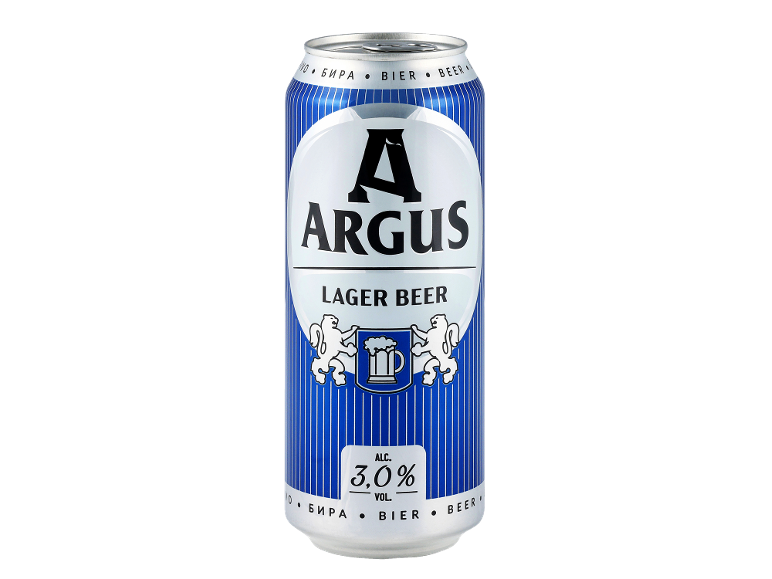 Modro-bela pločevinka lager piva z 3,0% alkohola.