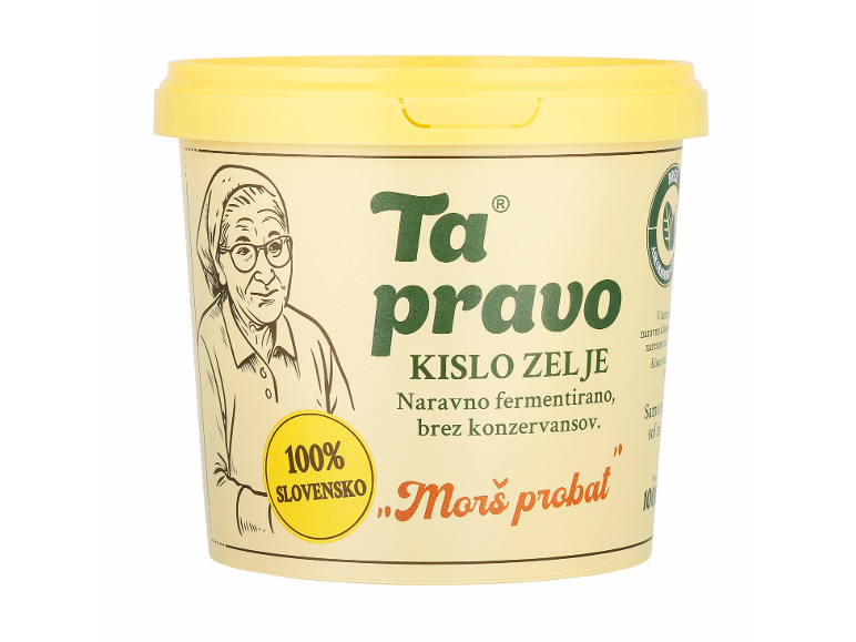Embalaža naravno fermentiranega kislega zelja brez konzervansov, z ilustracijo babice.