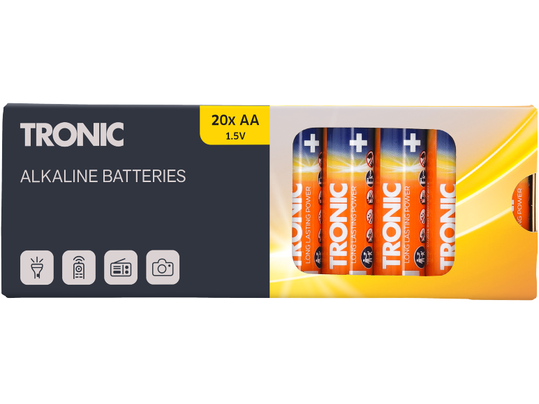Paket 20 AA alkalnih baterij, 1,5V, za različne elektronske naprave.