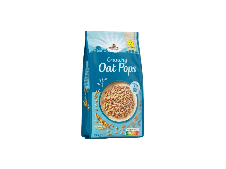 Paket hrustljavih ovsenih kosmičev s 72% polnozrnatega žita in vegansko oznako.