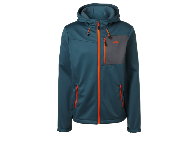 Moška modro-zelena softshell jakna z oranžnimi zadrgami in detajli.