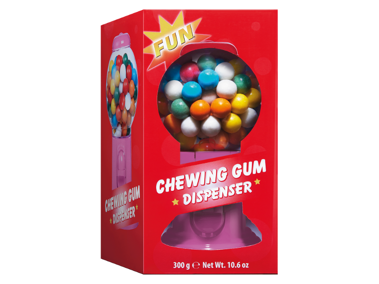 Rdeča škatla z barvitim avtomatom za žvečilne gumije, z napisom „FUN“ in „CHEWING GUM DISPENSER“.