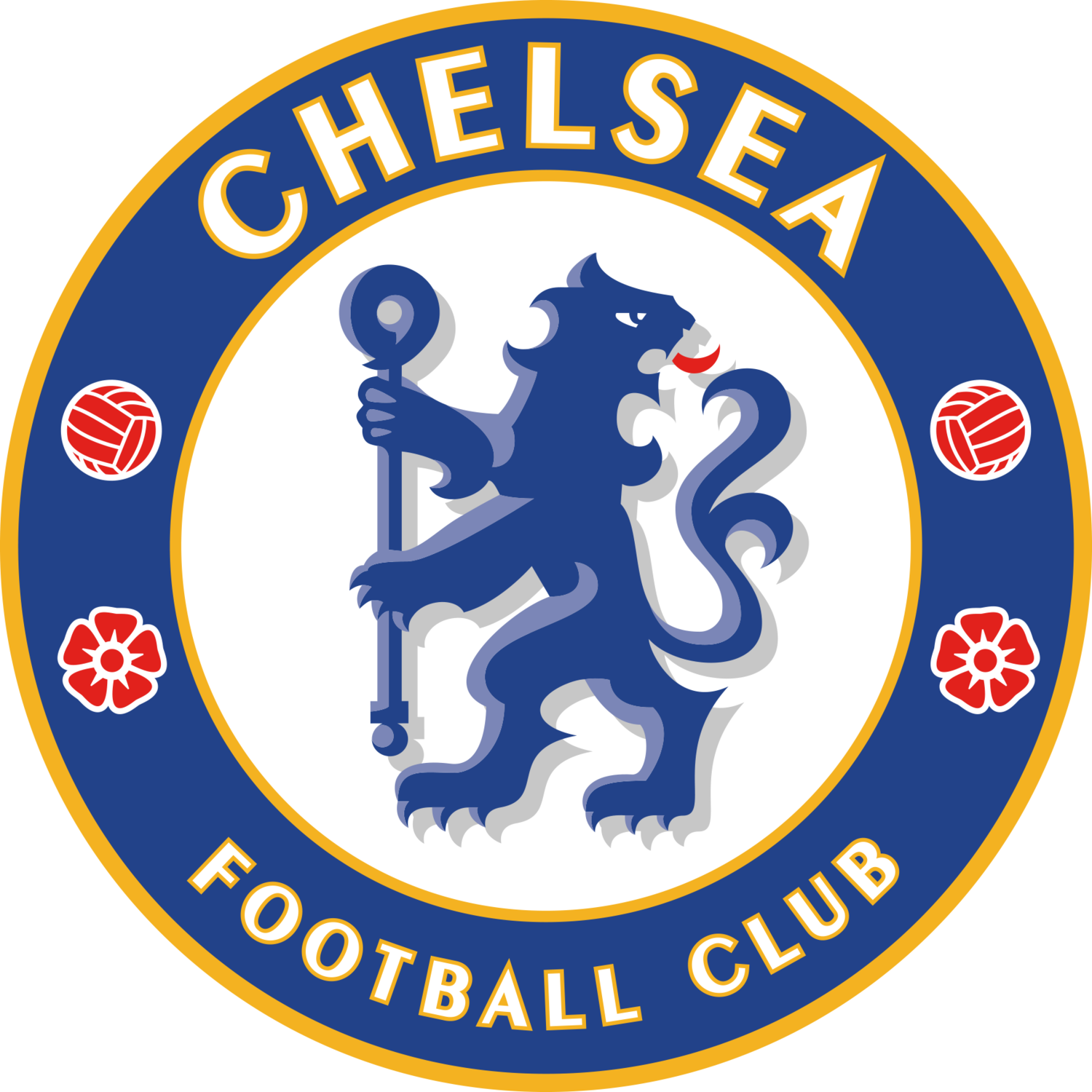 Okrogel emblem z napisom 'CHELSEA FOOTBALL CLUB' in levom.