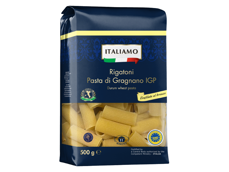 Modra vrečka italijanskih rigatonijev, 500g, s prozornim oknom, ki prikazuje testenine.