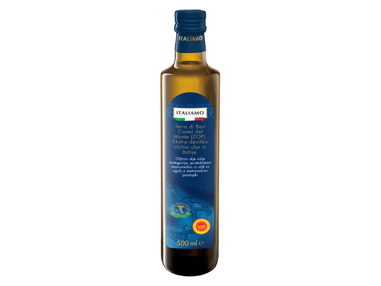 500 ml steklenica italijanskega ekstra deviškega oljčnega olja z modro etiketo.