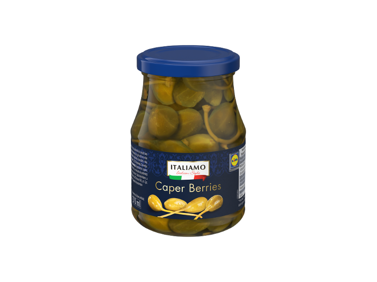 Steklen kozarec kaprovih jagod z modrim pokrovom in etiketo z napisom 'Caper Berries'.