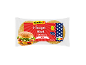 Pakiranje 4 burger žemljic s sezamom, z motivom burgerja in informacijami o veganskem izdelku.