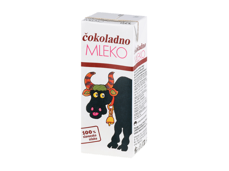 Karton čokoladnega mleka z ilustracijo črne krave in besedilom 'čokoladno MLEKO'.