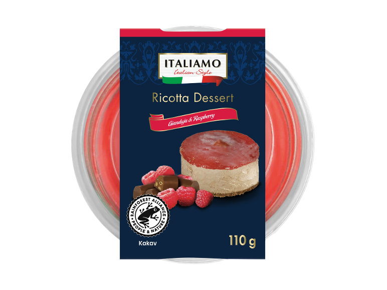Ricotta sladica z giandujo in malinami, 110 g, z oznako Rainforest Alliance.