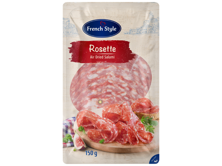 Pakiranje sušene salame francoskega stila, z rezinami salame in figami.