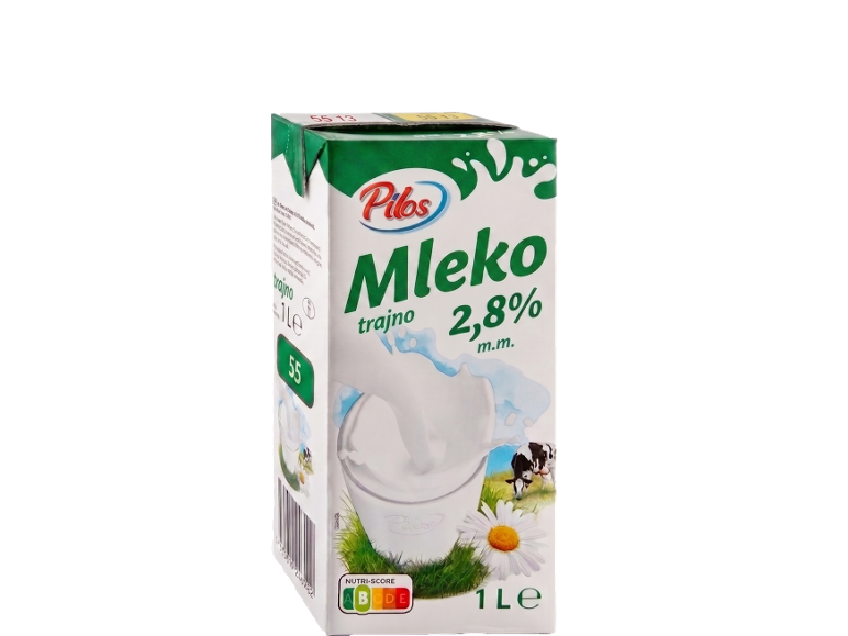 Pilos mleko „Mleko trajno 2,8% m.m.“ v 1-litrski embalaži z oznako Nutri-Score A.