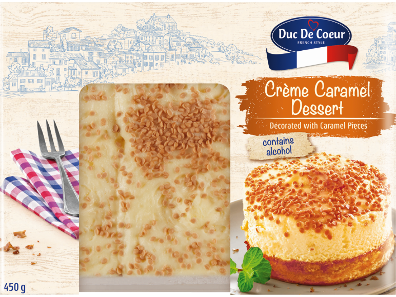 Crème Caramel sladica, okrašena s karamelnimi koščki, vsebuje alkohol, 450 g