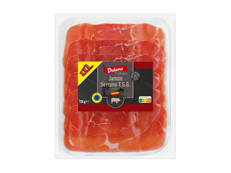 Pakiranje sušene serrano šunke z oznako XXL in Nutri-Score A.