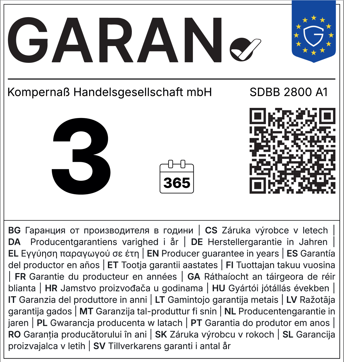 Garancija 3 leta (365 dni), garancija proizvajalca v več jezikih.