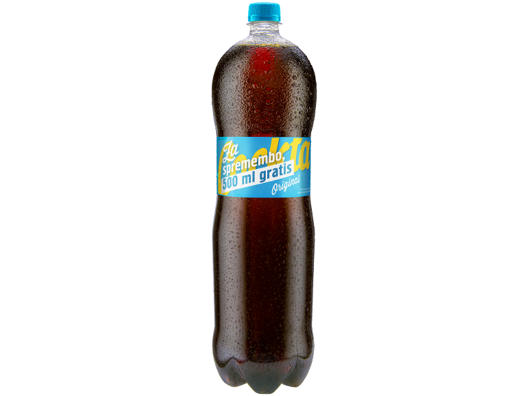 Velika rjava steklenica pijače z modro etiketo z napisom »500 ml gratis Original«.