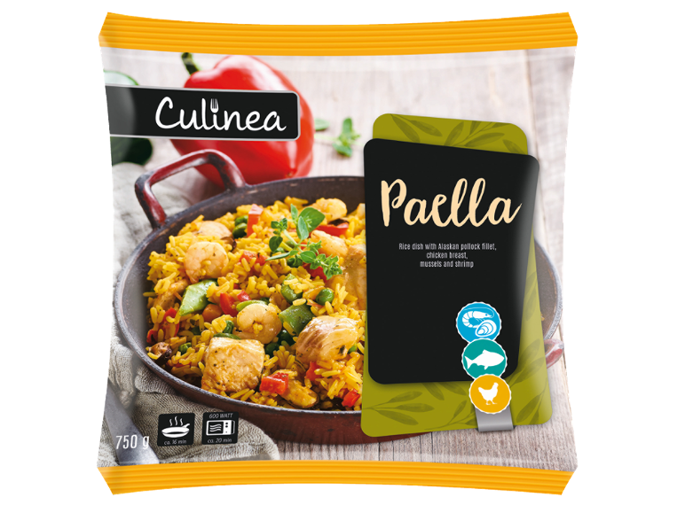 Paella z rižem, ribo, piščancem, školjkami in kozicami, z navodili za pripravo.