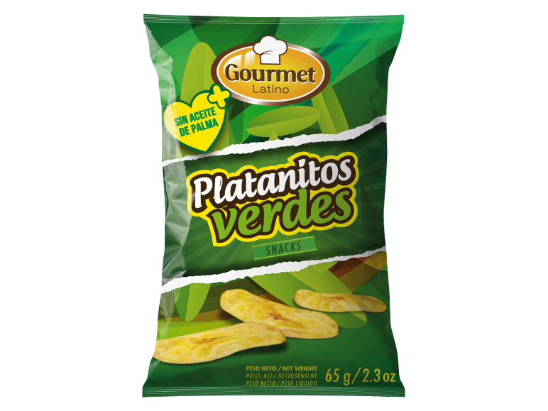 Zeleni bananin čips v zeleni embalaži, brez palmovega olja, 65 g.
