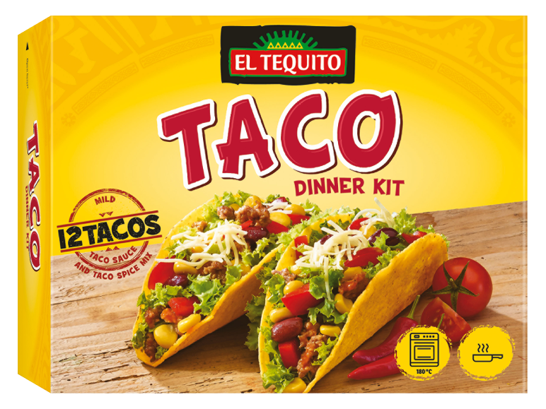 Taco večerni komplet z 12 blagimi takosi, omako in mešanico začimb.