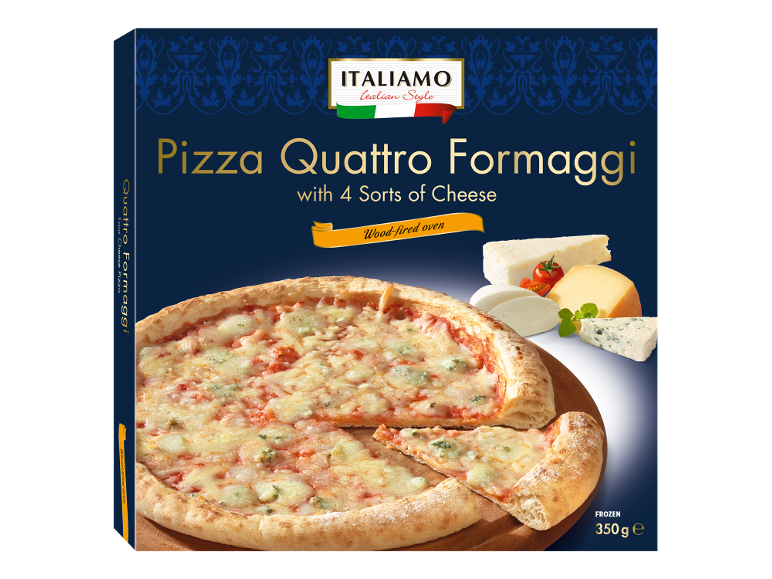 Pizza Quattro Formaggi s 4 vrstami sira, pečena v krušni peči, zamrznjena, 350g.