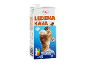 Karton ledenega kave s sladoledom, kavnimi zrni in kockami ledu.