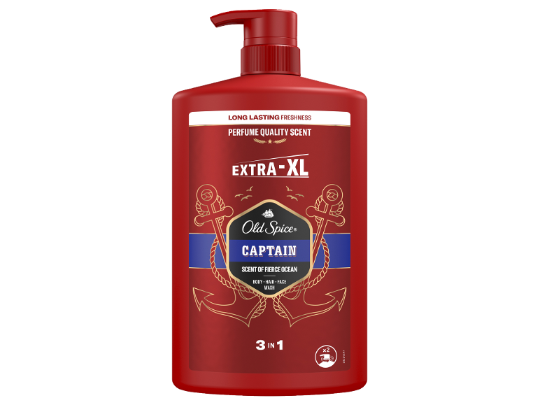 Rdeč gel za prhanje 3 v 1 z vonjem oceana, z napisom 'EXTRA-XL' in 'LONG LASTING FRESHNESS'.