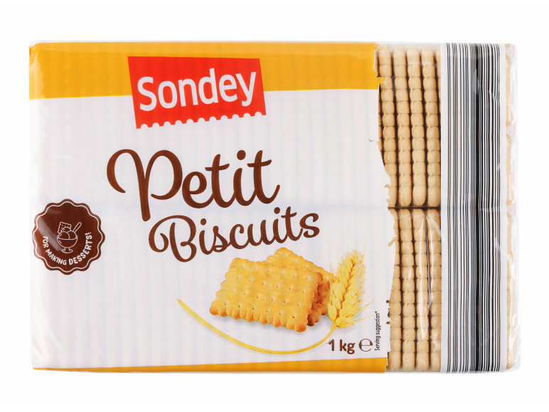 Paket piškotov Petit z napisom 'Petit Biscuits' in žigom 'FOR MAKING DESSERTS!'.