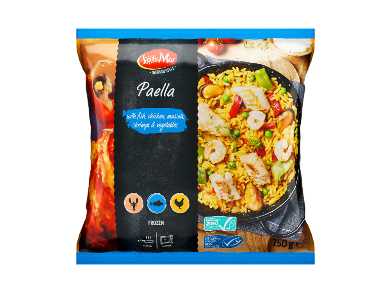 Zamrznjena paella z ribo, piščancem, školjkami, kozicami in zelenjavo, 750g.