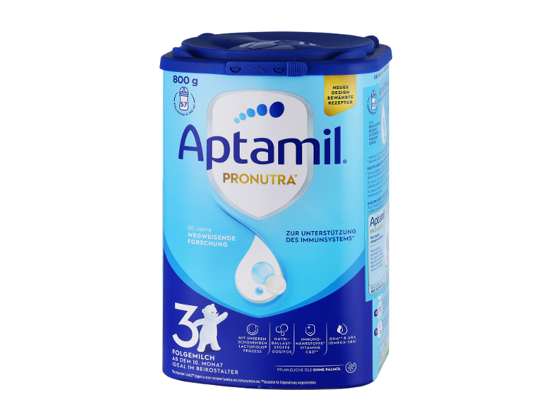 Modra pločevinka otroške mlečne formule z napisom „Folgemilch ab dem 10. Monat“.