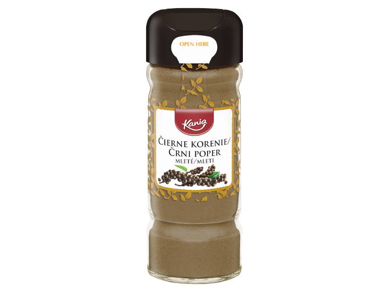 Kozarec mletega črnega popra z zlato in rdečo etiketo, z napisom „OPEN HERE“ na pokrovu.