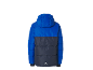Modra in temno siva prešita zimska jakna s kapuco, zadnji pogled.