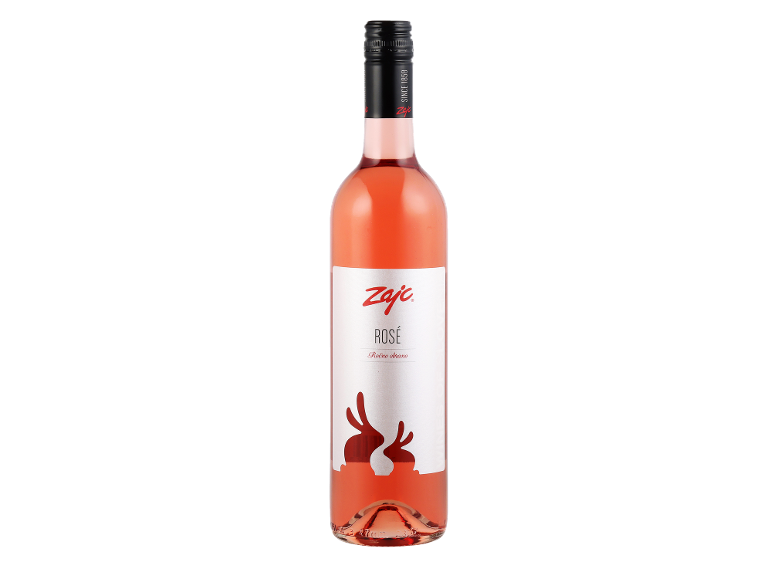 Steklenica rose vina z belo etiketo in rdečimi motivi.