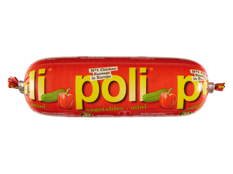 Piščančja klobasa z zelenjavo, z napisom 'Nº1 Chicken Sausage in Europe'.