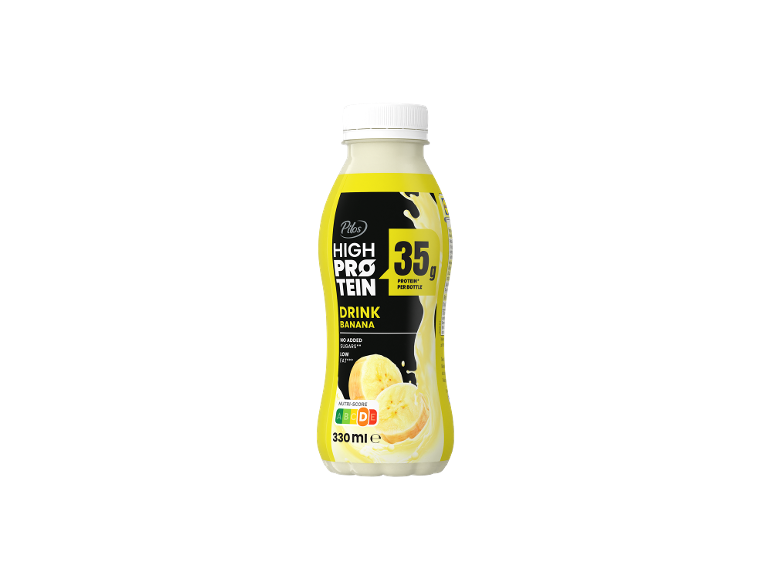 Bananin visokoproteinski napitek s 35g beljakovin na steklenico, brez dodanega sladkorja, z nizko vsebnostjo maščob, 330ml.