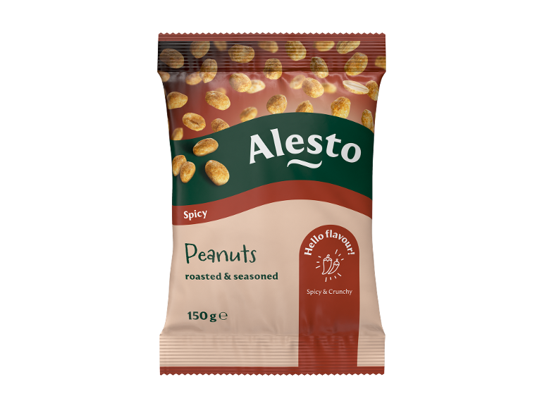 Vrečka pikantnih, praženih in začinjenih arašidov, 150g.