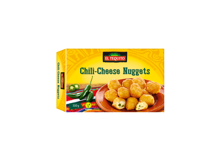 Škatla čili-sirovih nuggets z jalapeños in krožnikom nuggets.