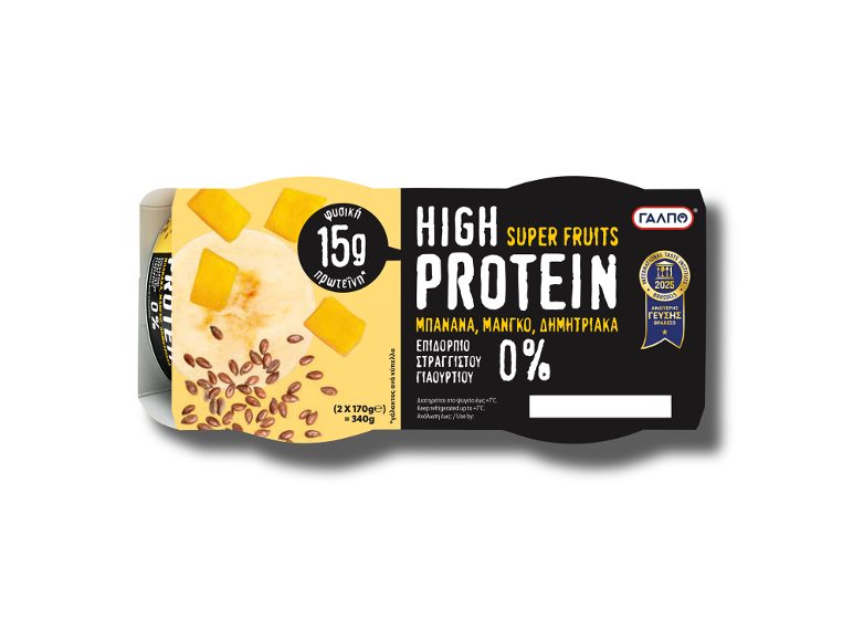Visokoproteinski grški jogurt z banano, mangom in žitaricami, 0% maščobe.