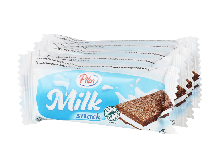 Posamezno pakirani mlečni in kakavovi prigrizki z napisom 'Milk snack' in logotipom Rainforest Alliance.