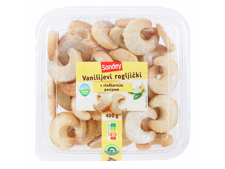 Vanilijevi rogljički s sladkornim posipom v prozorni embalaži, z rumeno etiketo.