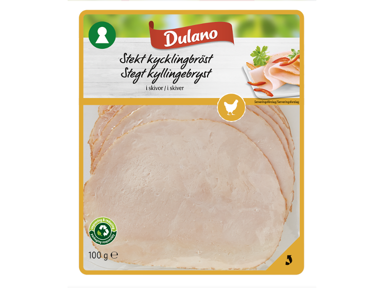Narezana pečena piščančja prsa, 100 g, predlog za serviranje.