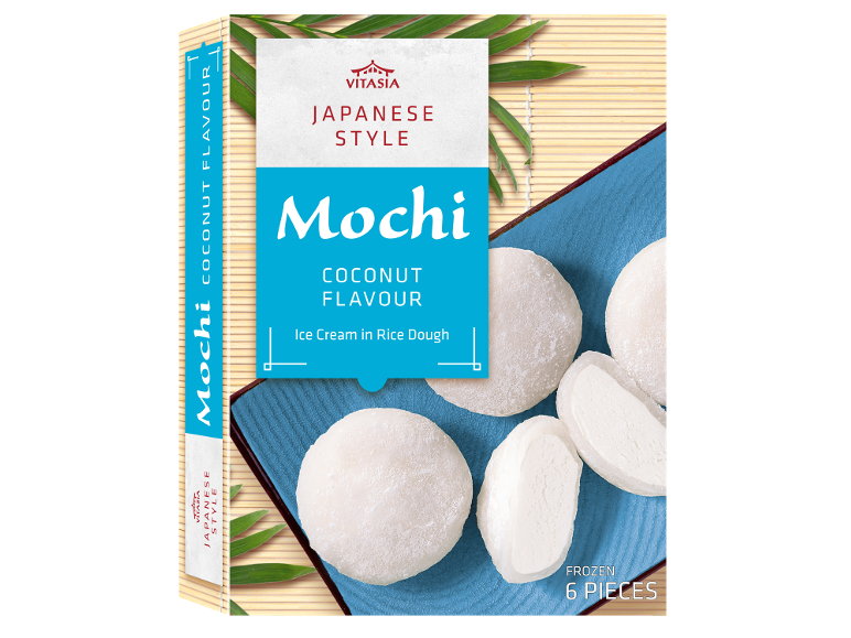 Japonski mochi z okusom kokosa, sladoled v riževem testu, 6 zamrznjenih kosov.