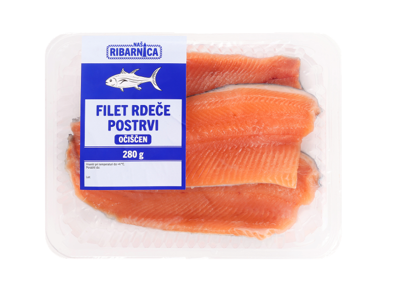 Filet rdeče postrvi Naša ribarnica, očiščen, 280 g, v pakiranju.