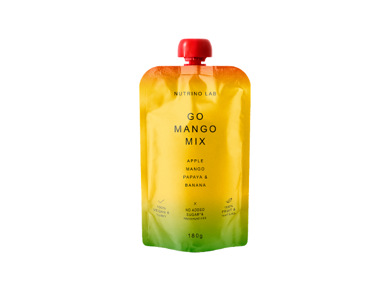 Rumeno-zelena vrečka sadnega pireja z napisom „GO MANGO MIX“, 180g.