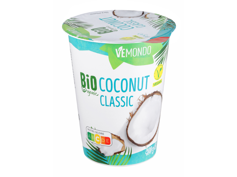 Klasični ekološki kokosov jogurt z Nutri-Score in veganskim znakom.