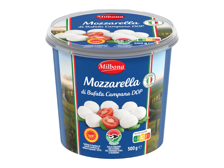 Pakiranje mocarele iz bivoljega mleka Campana DOP s paradižnikom in baziliko, 500g.