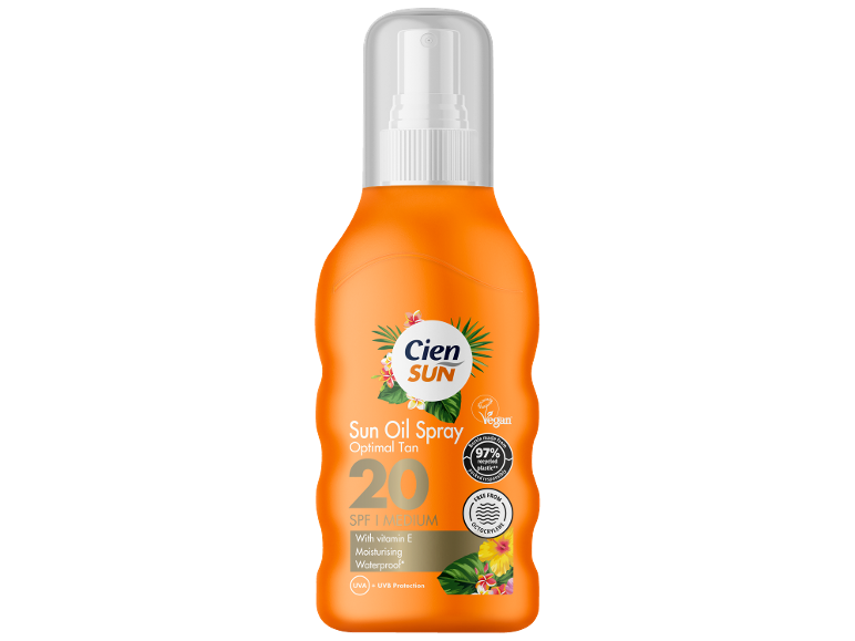 Sprej za sončenje z ZF 20, vodoodporen in z vitaminom E, v oranžni embalaži.