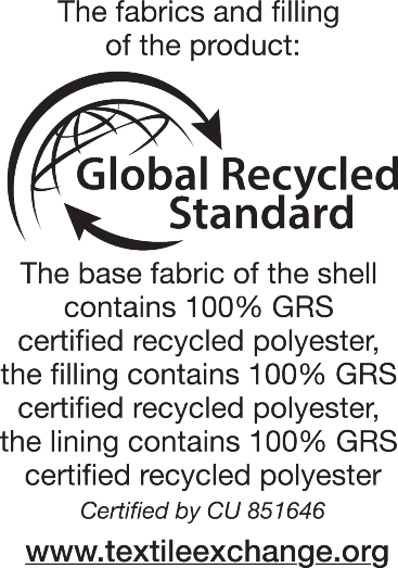 Oznaka Global Recycled Standard: 100% GRS certificiran recikliran poliester, certificiran s strani CU 851646.