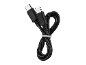 Črn kabel USB-C s kovinskimi priključki, zvezan z belo vezico.