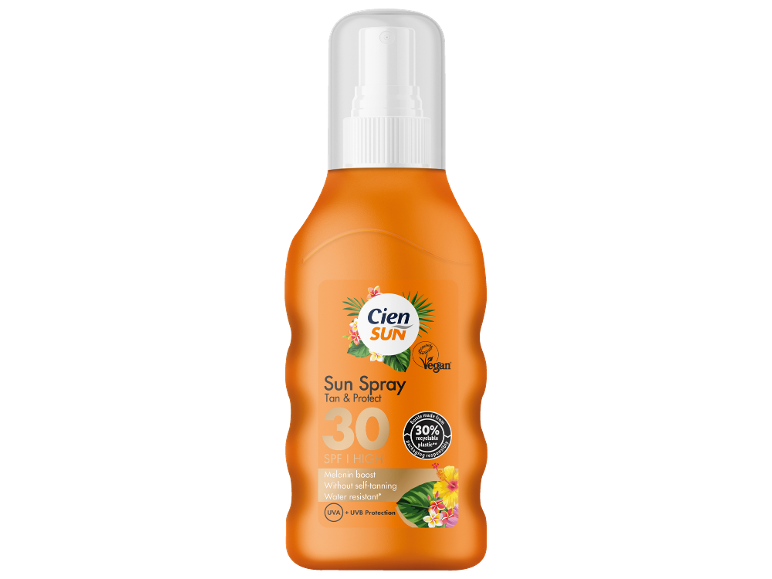 Sprej za sončenje SPF 30 z UVA/UVB zaščito, vodoodporen in veganski.