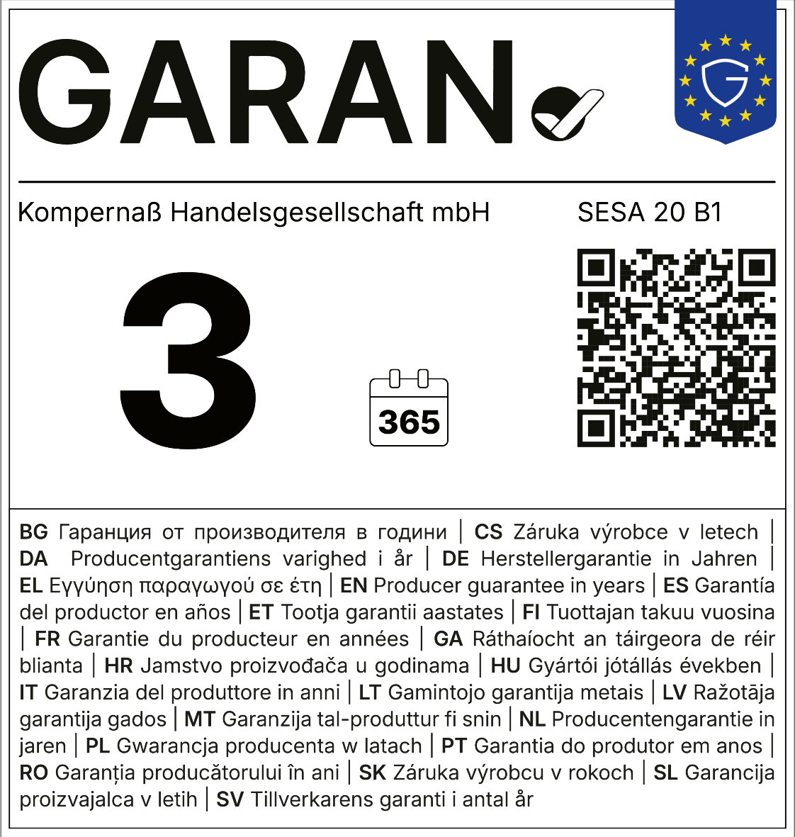 Garancija 3 leta, 365 dni. Garancija proizvajalca v letih.
